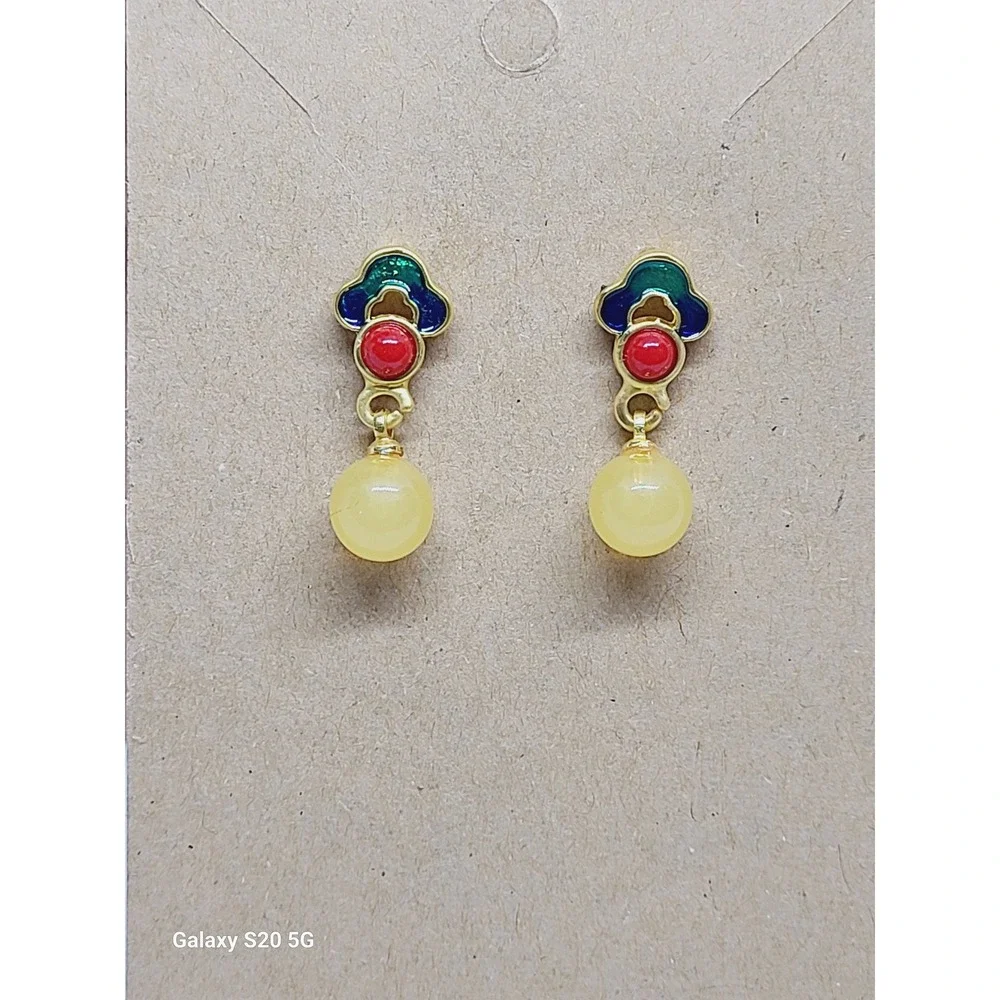 Vintage Style Enamel Drop Earrings Gold Tone Yellow Red‎ Green Blue Beaded Studs
